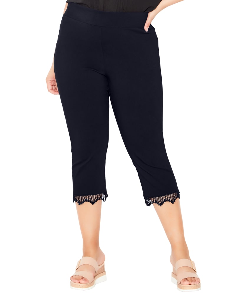 Front of a model wearing a size 16 CAPRI SSTRETCH LACE in Navy by avenue. | dia_product_style_image_id:293541